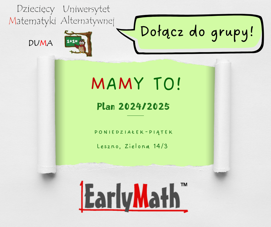 Zielona kartka z napisem „Mamy to! Plan 2024/2025”, informacjami o zajęciach i logo EarlyMath.