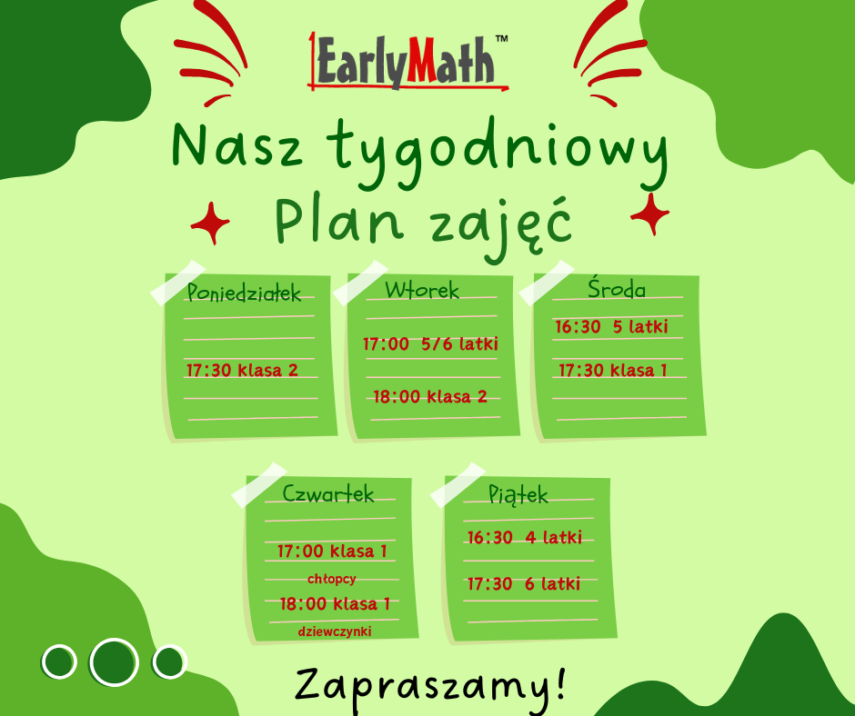 Graficzny plan zajęć EarlyMath na tydzień, z godzinami i grupami wiekowymi od poniedziałku do piątku.