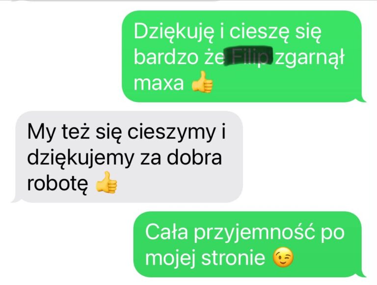 Zrzut ekranu z rozmowy tekstowej w języku polskim, zawierającej podziękowania i pozytywne opinie.