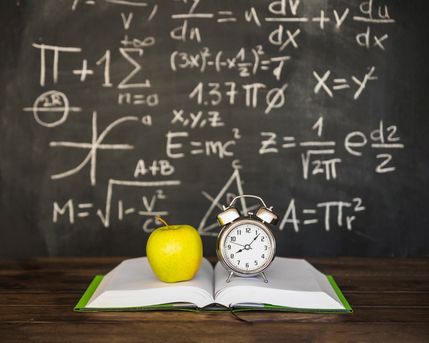 Zielone jabłko i budzik na otwartej książce, z tablicą pełną wzorów matematycznych w tle.
